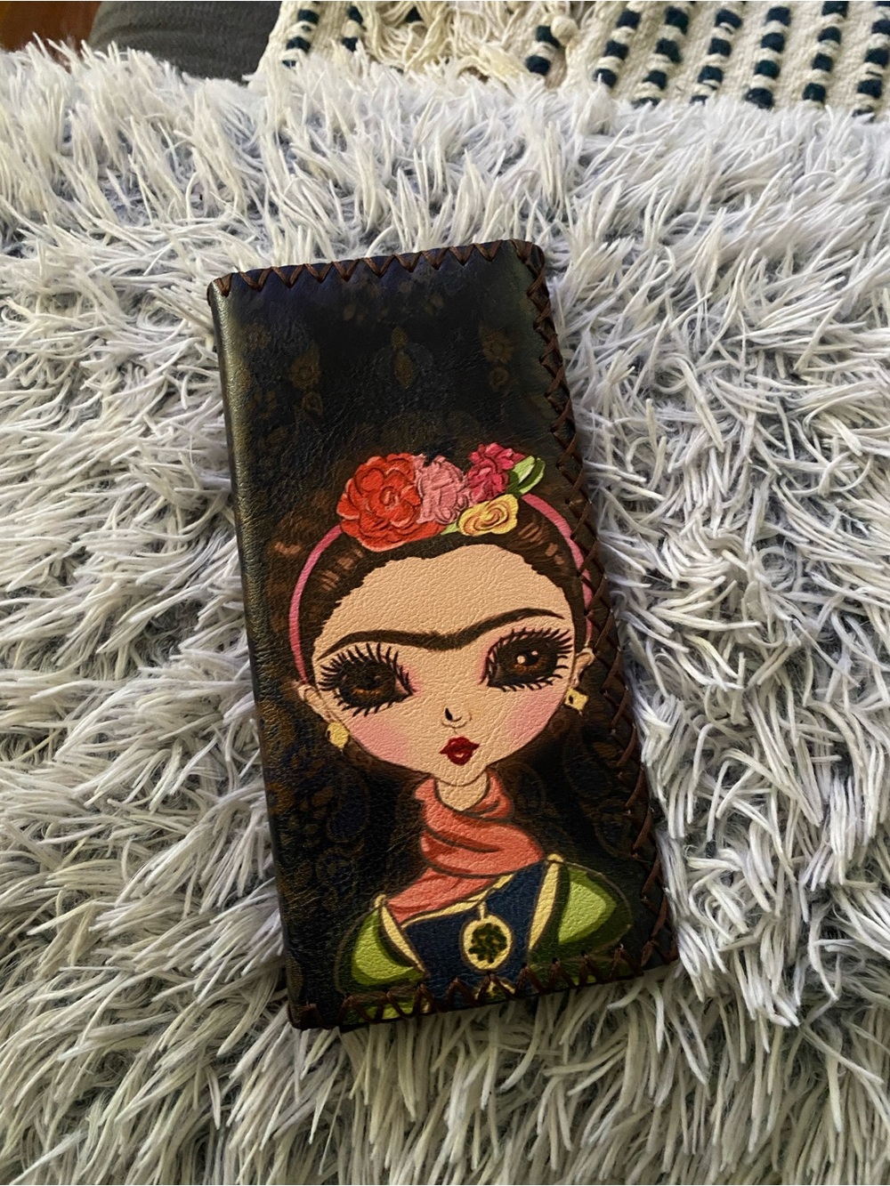 Floral Frida Kahlo Wallet Phone Case - Black with Multicolor Portrait